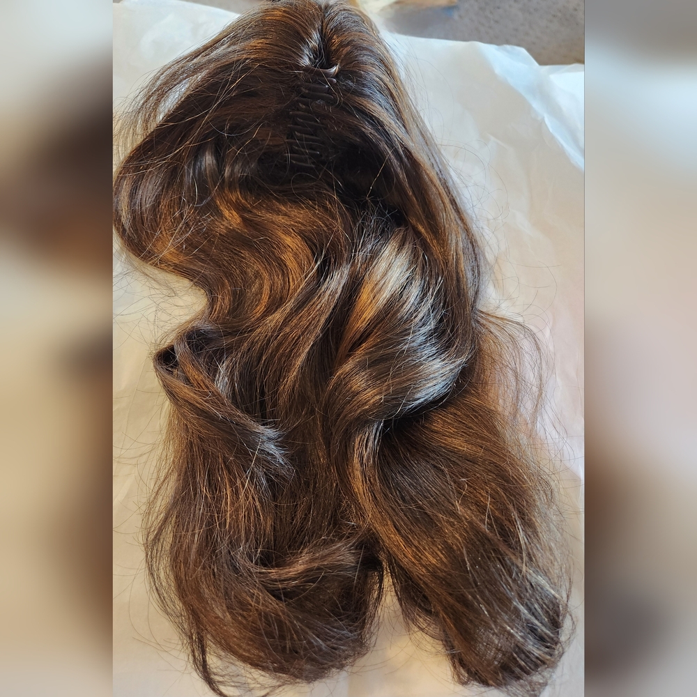 Majesty's Wigs Collection Brown and Caramel Highlights Claw Clip On Wig NWOT